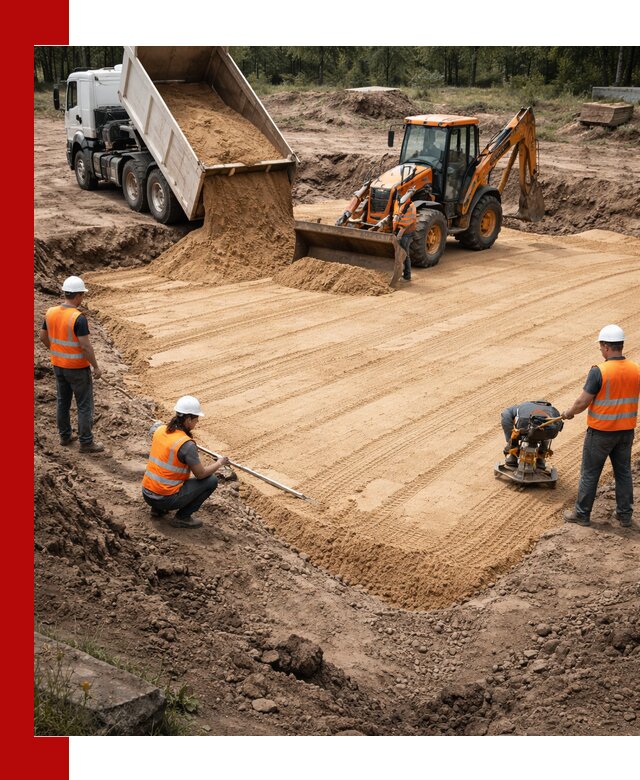 Устройство песчаной подушки для фундаментов и дорог в Касимах